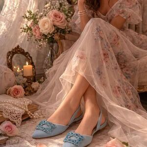 Berness Denim Rhinestone Slingback Flats Pointed Toe Women’s Size 9